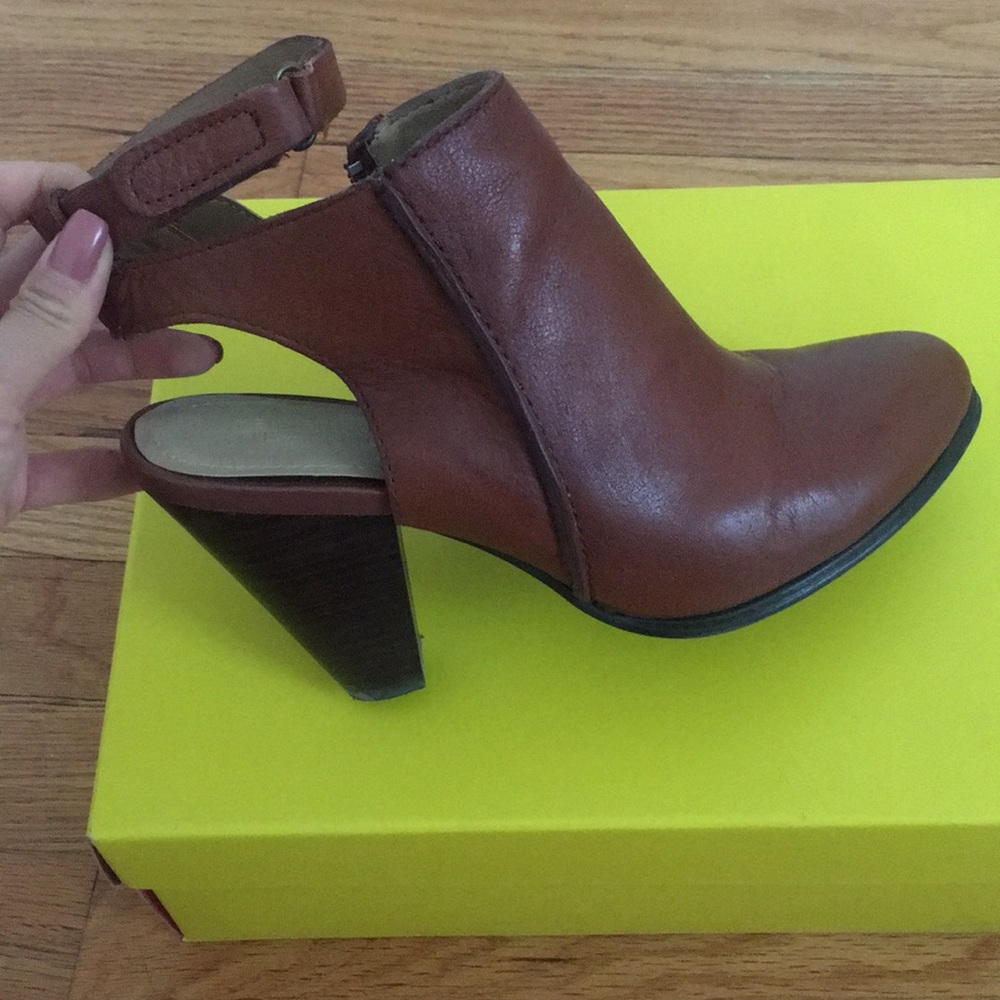 Leather open heel ankle strap booties